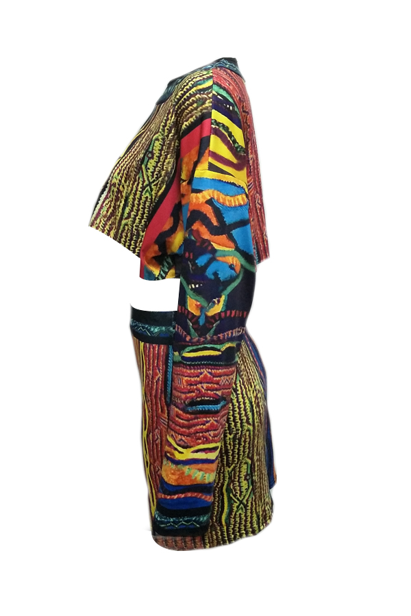  Sexy Round Neck Printed Milk Fiber Two-piece Skirt Set