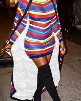  Sexy Round Neck Striped Printed Qmilch Mini Dress(With Coat)