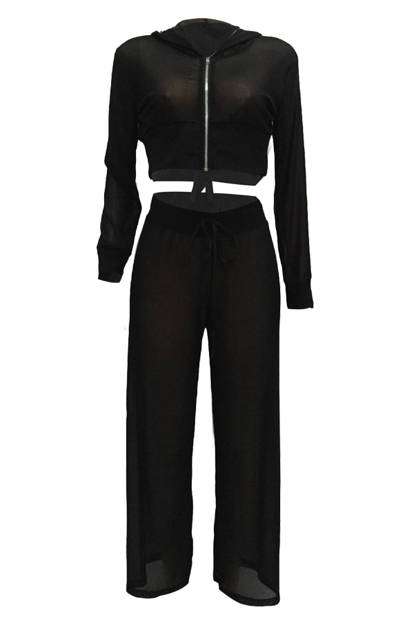  Sexy See-Through Black Polyester Two-piece Pants Set