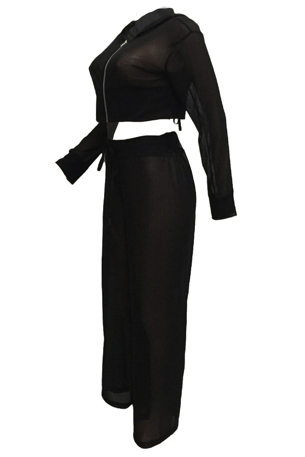  Sexy See-Through Black Polyester Two-piece Pants Set