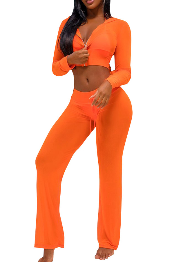  Sexy See-Through Orange Polyester Two-piece Pants Set