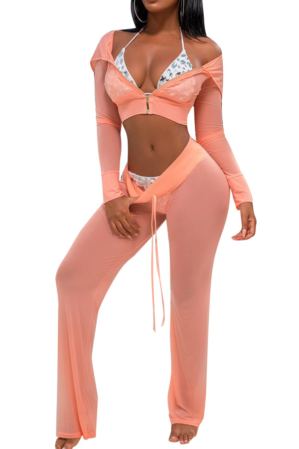  Sexy See-Through Pink Polyester Two-piece Pants Set