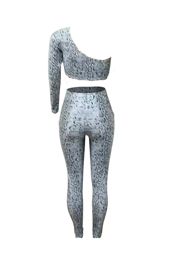  Sexy Show A Shoulder Grey Polyester Two-piece Pants Set