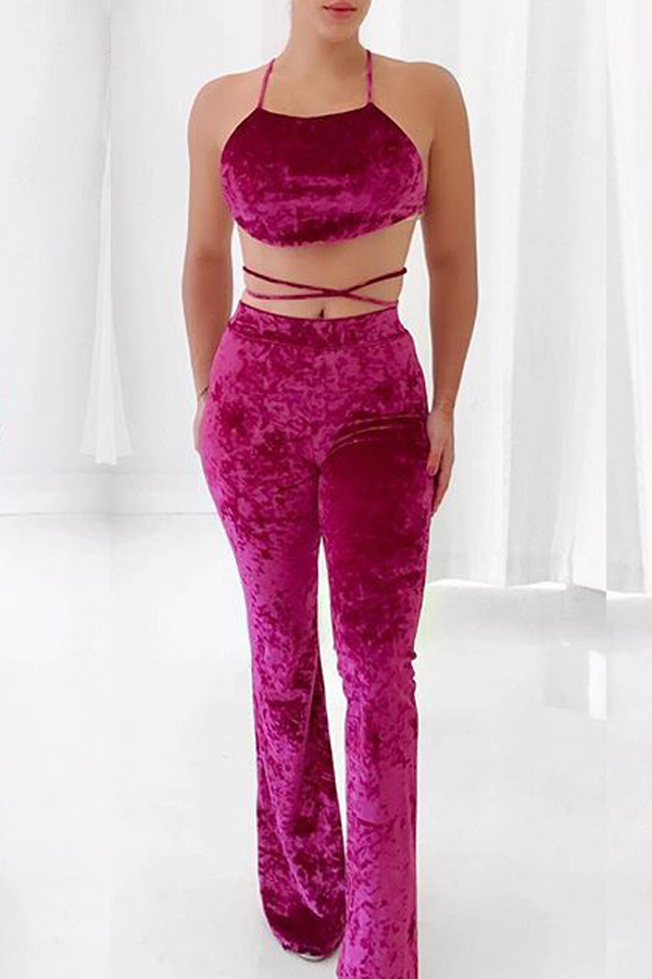  Sexy Spaghetti Strap Sleeveless Purple Velvet Two Pieces Pants Set