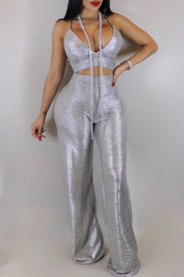  Sexy Spaghetti Strap Sleeveless Silver Blending Two-piece Pants Set