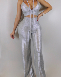  Sexy Spaghetti Strap Sleeveless Silver Blending Two-piece Pants Set