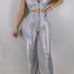  Sexy Spaghetti Strap Sleeveless Silver Blending Two-piece Pants Set