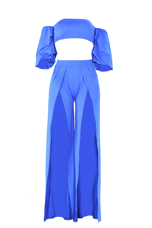  Sexy Strapless High Slit Blue Qmilch Two-piece Pants Set