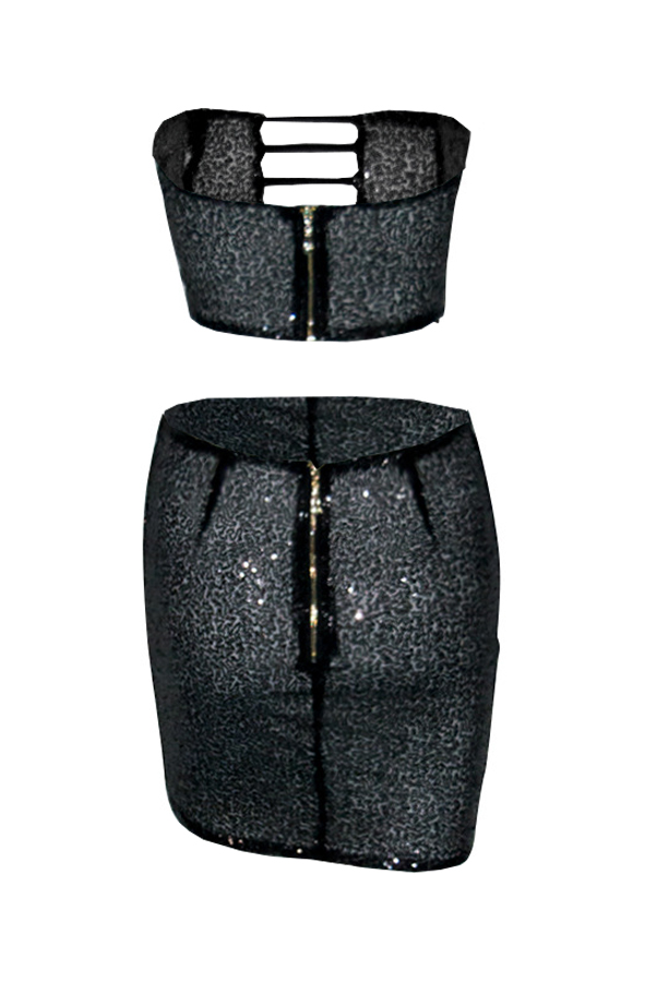  Sexy Strapless Hollow-out Black Polyester Two-piece Skirt Set(Without Coat)