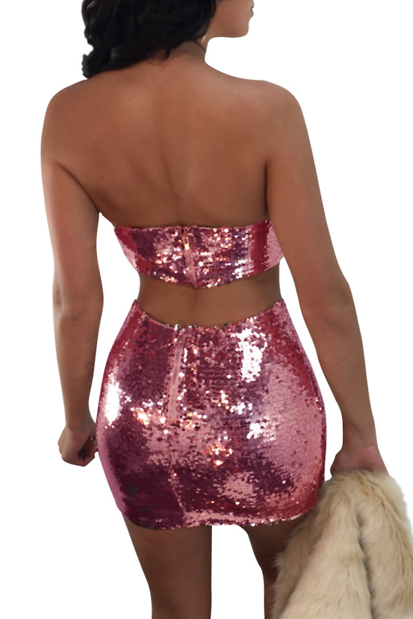  Sexy Strapless Hollow-out Purple Polyester Two-piece Skirt Set(Without Coat)