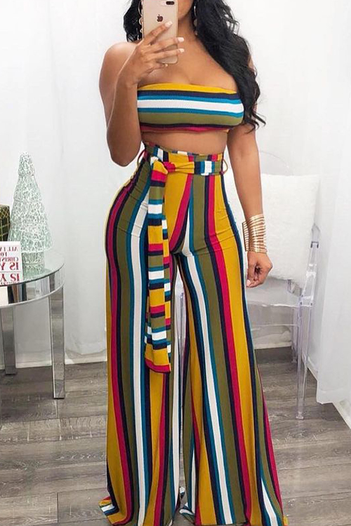  Sexy Strapless Wide legs Design Striped Printed Qmilch Two-Piece Pants Set(With Belt)