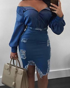  Sexy Turndown Collar Broken Holes Torn Edges Blue Denim Two-piece Skirt Set