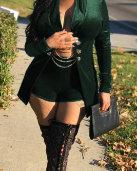  Sexy Turndown Collar Chains Decoration Dark Green Velvet Two-piece Short Set