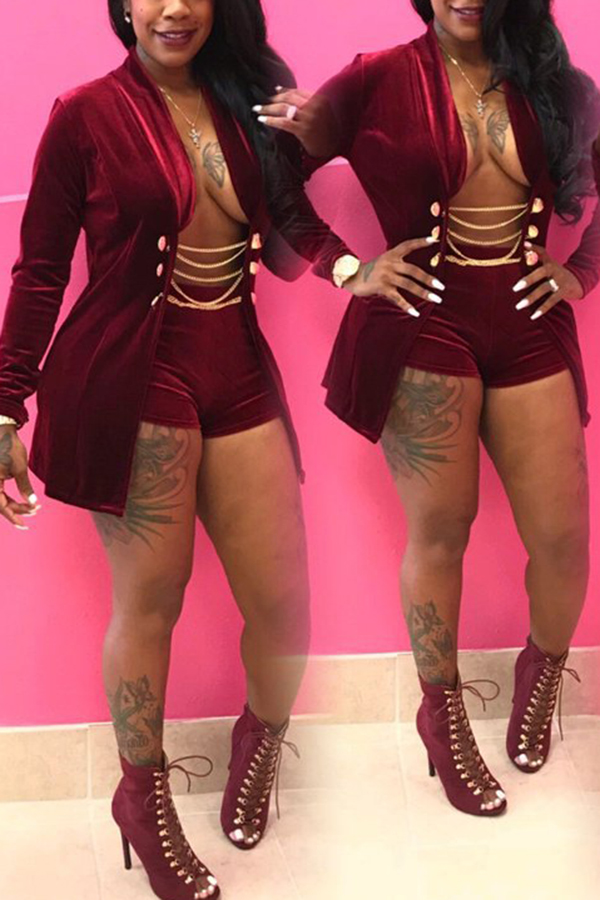  Sexy Turndown Collar Chains Decoration Red Velvet Two-piece Short Set