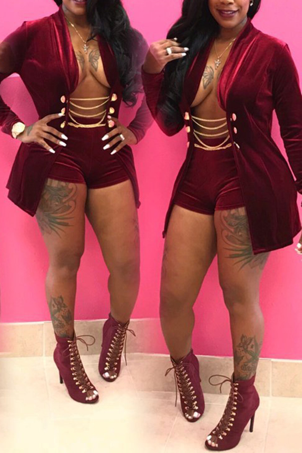  Sexy Turndown Collar Chains Decoration Red Velvet Two-piece Short Set