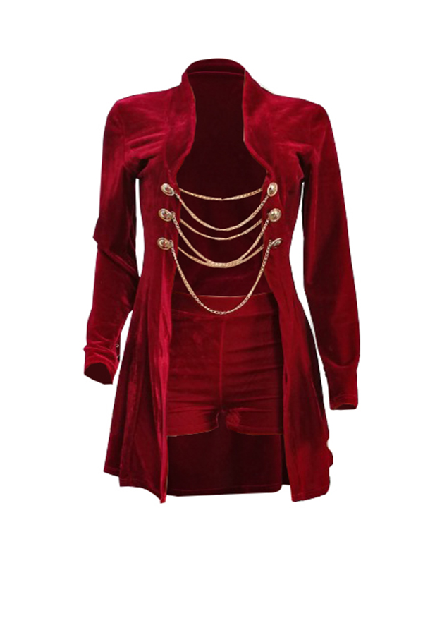  Sexy Turndown Collar Chains Decoration Red Velvet Two-piece Short Set