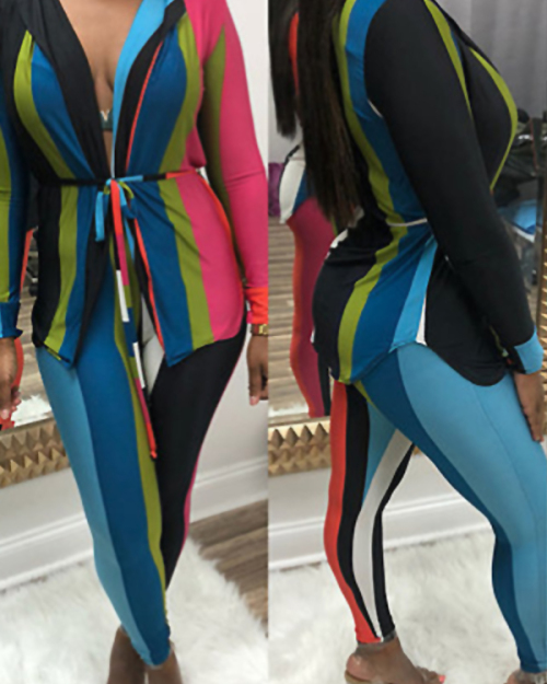 Sexy Turndown Collar Colorful Striped Qmilch Two-piece Pants Set Sexy Turndown Collar Colorful Striped Qmilch Two-piece Pants Set