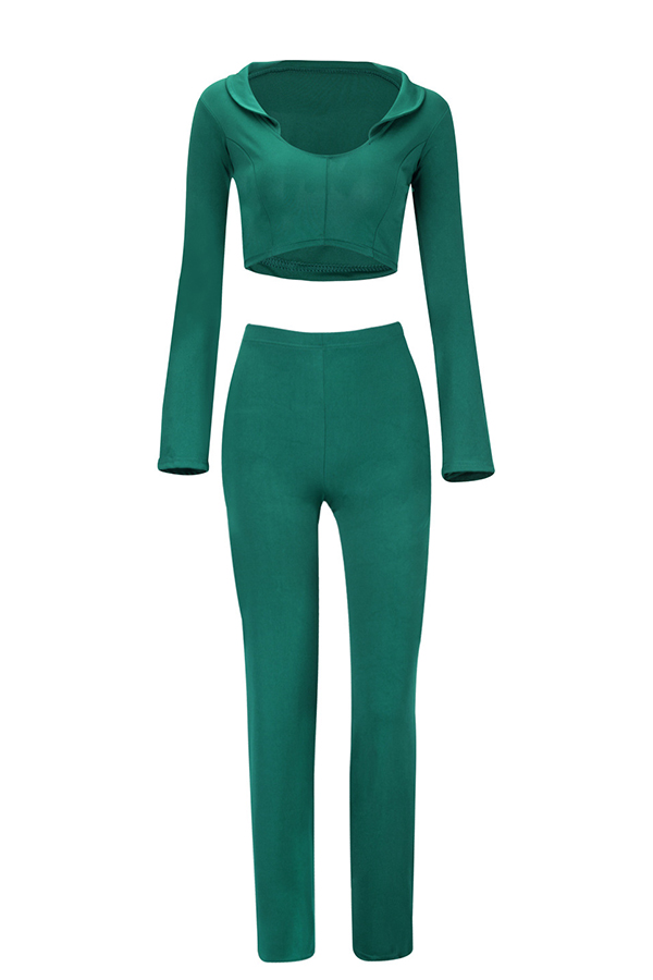  Sexy Turndown Collar Long Sleeves Green Polyester Two-piece Pants Set