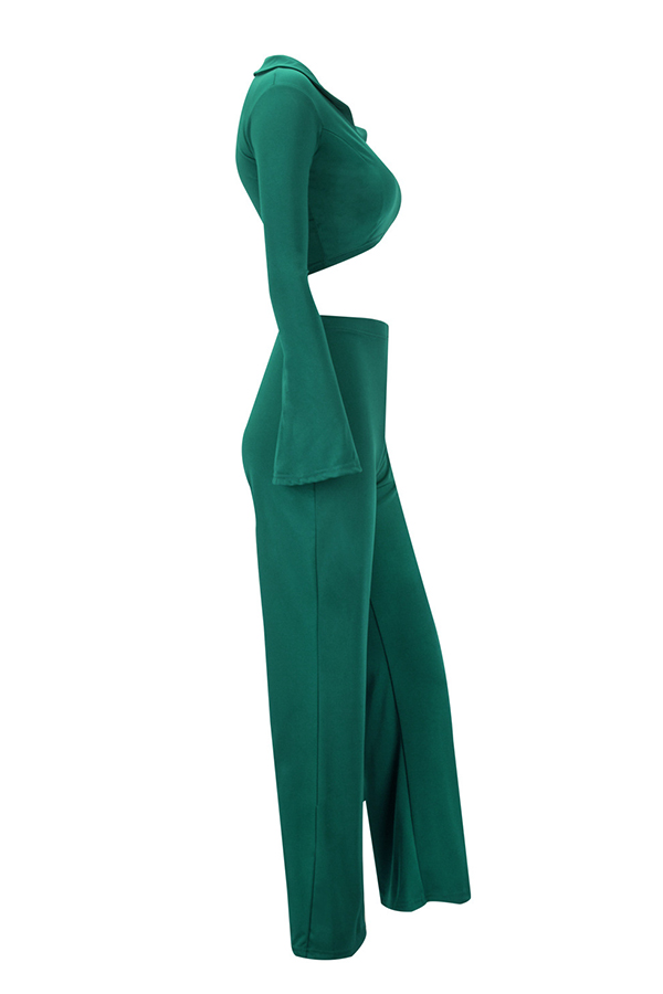  Sexy Turndown Collar Long Sleeves Green Polyester Two-piece Pants Set