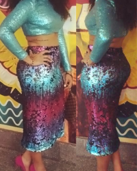  Sexy Turtleneck Gradient Sequins Decoration Blue Polyester Two-piece Skirt Set