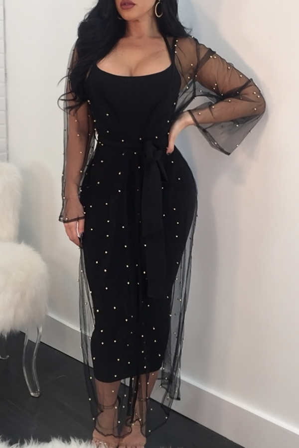  Sexy U Neck See-Through Black Linen Mid Calf Dress(With Coat)