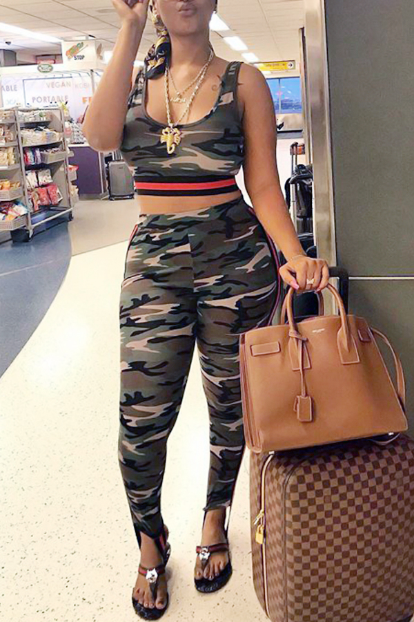  Sexy U-shaped Camouflage Printed Milk Fiber Two-piece Pants Set