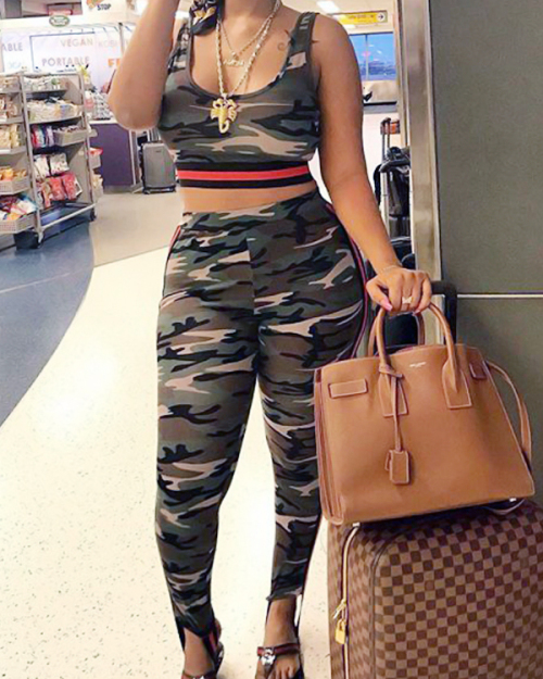 Sexy U-shaped Camouflage Printed Milk Fiber Two-piece Pants Set Sexy U-shaped Camouflage Printed Milk Fiber Two-piece Pants Set