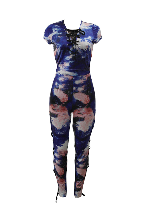  Sexy V Neck Lace-up Hollow-out Cotton Two-piece Pants Set