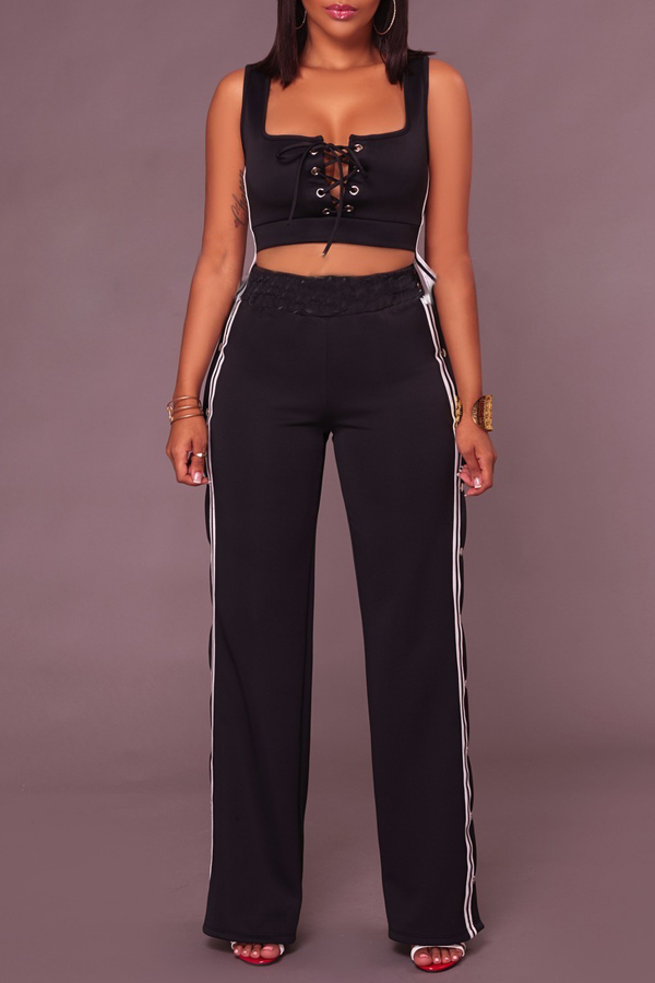 Sexy V Neck Side Split Black Polyester Two-piece Pants Set