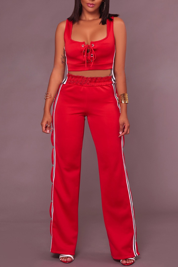  Sexy V Neck Side Split Red Polyester Two-piece Pants Set