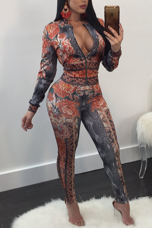  Sexy V Neck Zipper Design Printed Orange Polyester Two-piece Pants Set