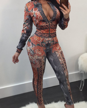  Sexy V Neck Zipper Design Printed Orange Polyester Two-piece Pants Set