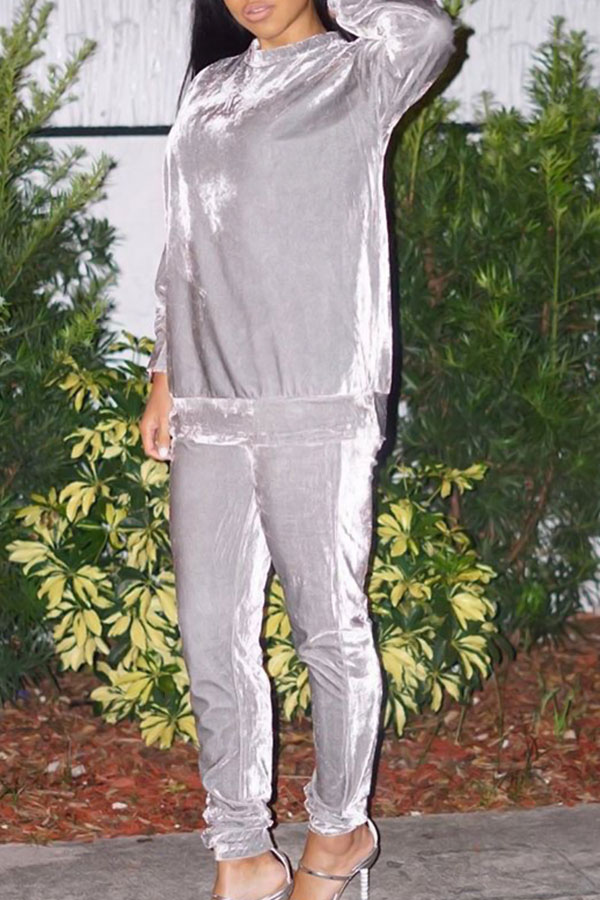  Silver Velvet Pants Plain O neck Long Sleeve Casual Two Pieces