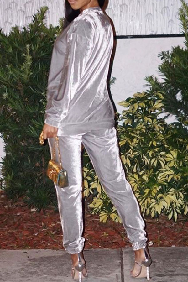  Silver Velvet Pants Plain O neck Long Sleeve Casual Two Pieces
