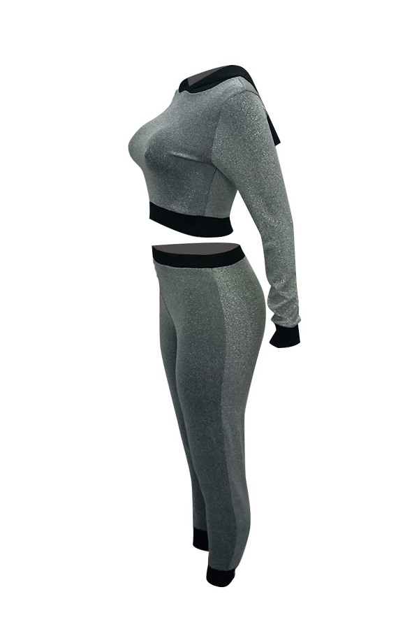  Stylish Hooded Collar Patchwork Grey Blending Two-piece Pants Set