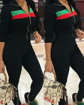  Stylish Mandarin Collar Striped Black Blending Two-Piece Pants Set