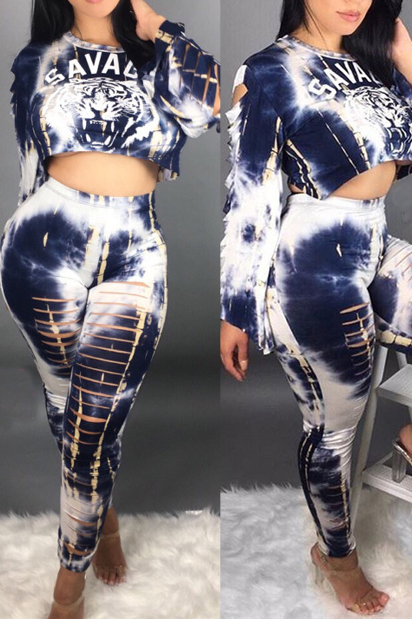  Stylish Round Neck Printed White Milk Fiber Two-piece Pants Set