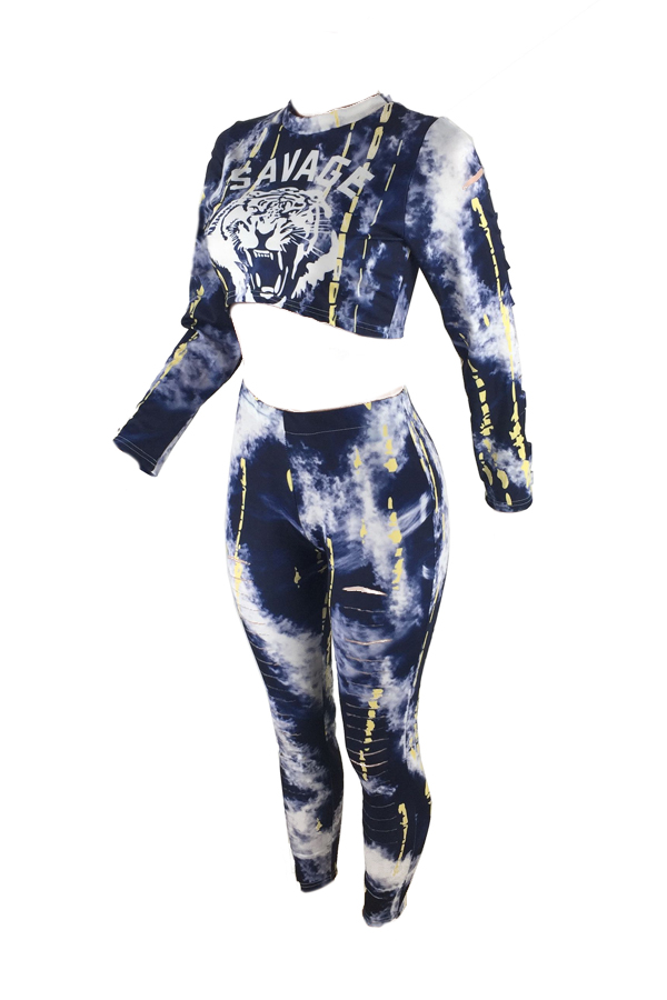  Stylish Round Neck Printed White Milk Fiber Two-piece Pants Set