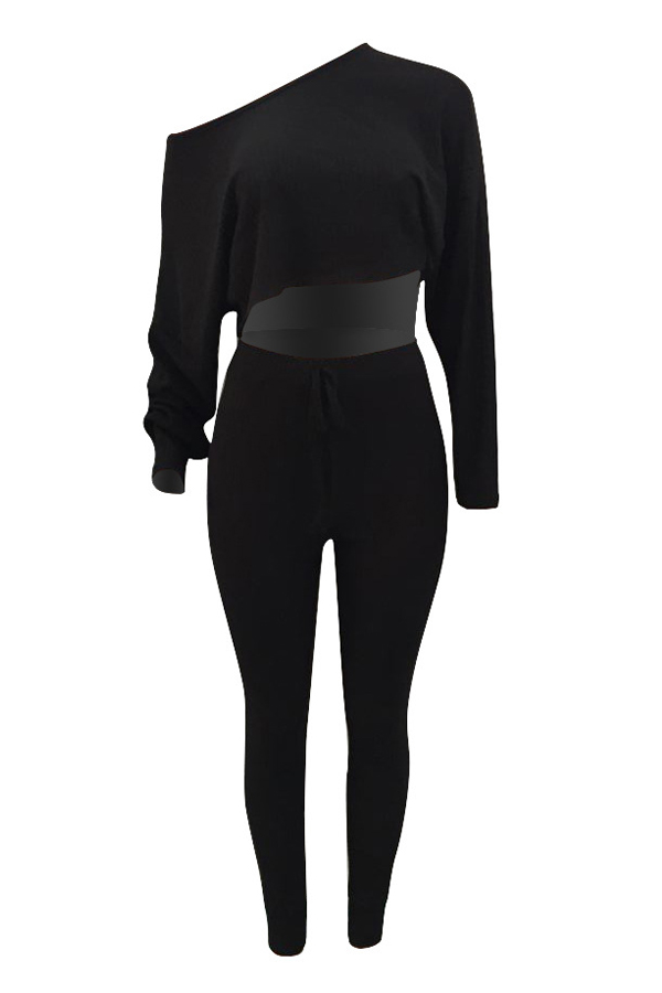  Stylish Sloping Shoulder Drawstring Black Cotton Two-Piece Pants Set