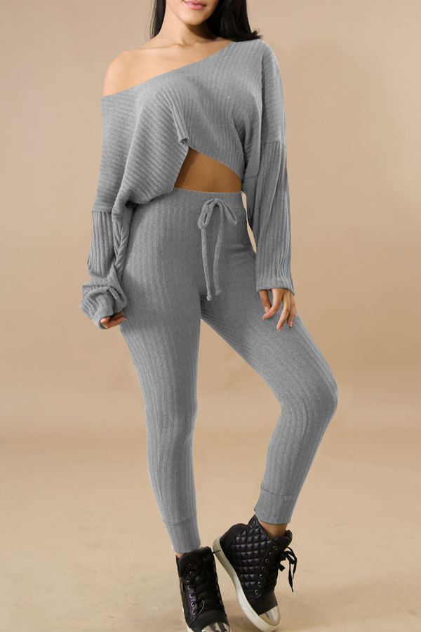  Stylish Sloping Shoulder Drawstring Grey Cotton Two-Piece Pants Set