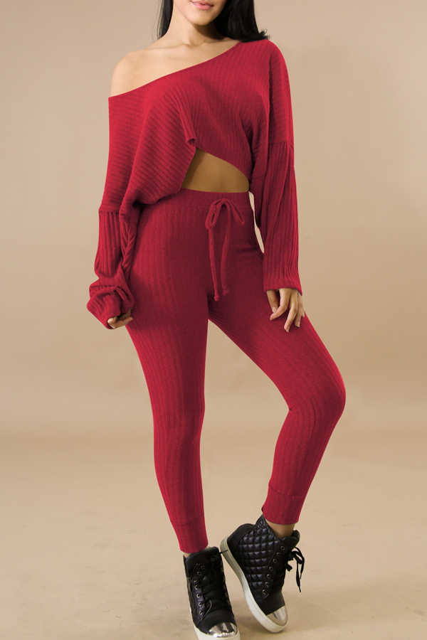  Stylish Sloping Shoulder Drawstring Wine Red Cotton Two-Piece Pants Set