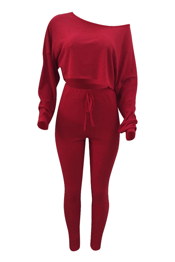 Stylish Sloping Shoulder Drawstring Wine Red Cotton Two-Piece Pants Set