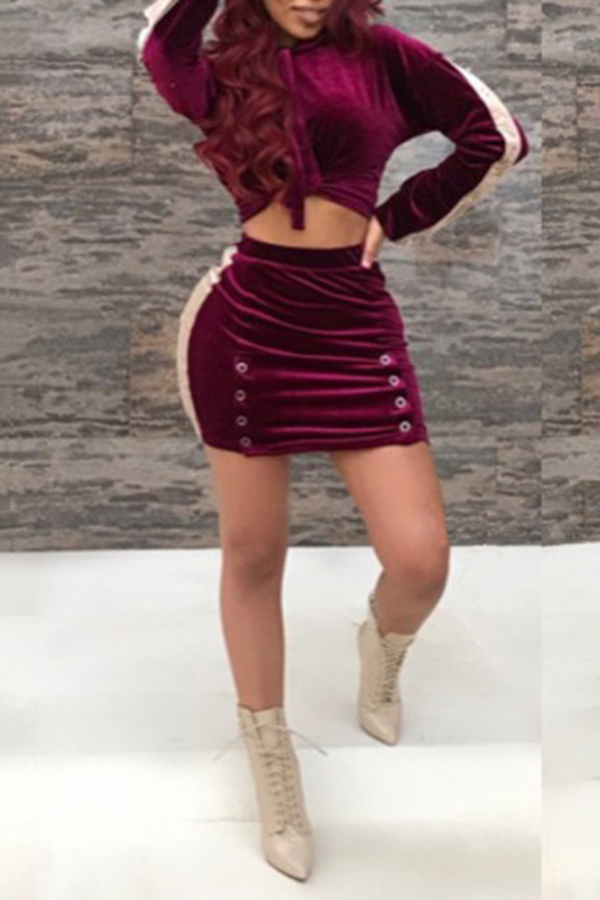  Stylish Turndown Collar Long Sleeves Patchwork Purple Polyester Two-piece Skirt Set