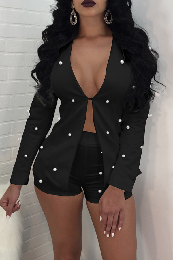  Stylish V Neck Pearl Decoration Black Knitting Two-piece Shorts Set