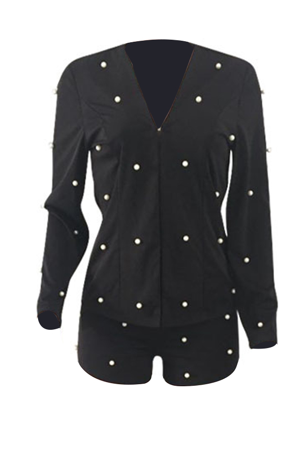  Stylish V Neck Pearl Decoration Black Knitting Two-piece Shorts Set