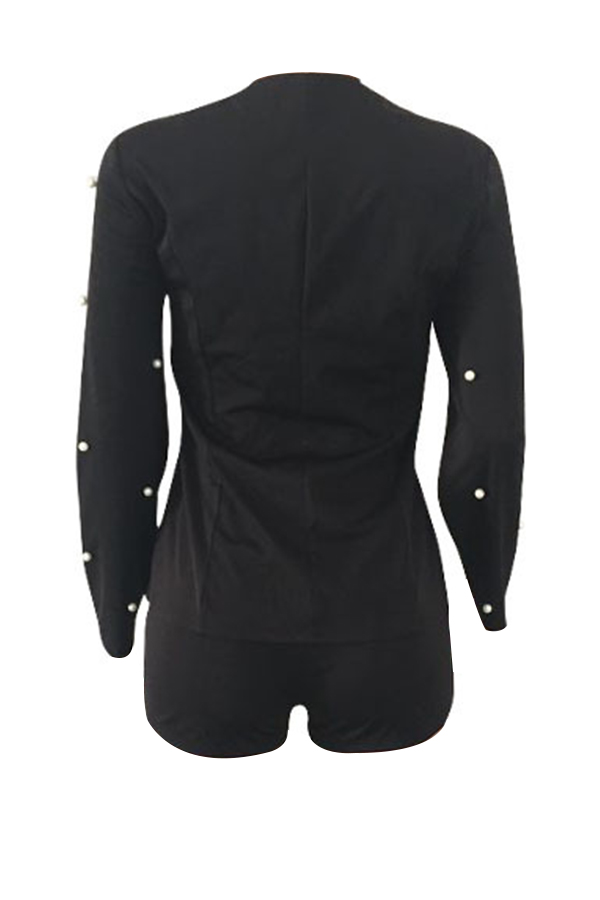  Stylish V Neck Pearl Decoration Black Knitting Two-piece Shorts Set