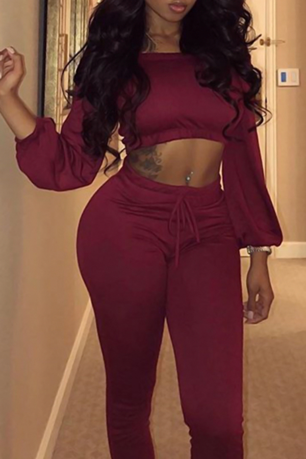  Trendy Bateau Neck Lacing Purplish Red Blending Two-piece Pants Set