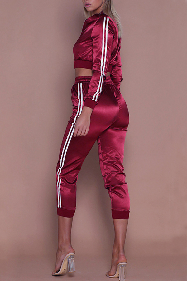  Trendy Mandarin Collar Long Sleeves Zipper Design Red Polyester Two-piece Pants Set
