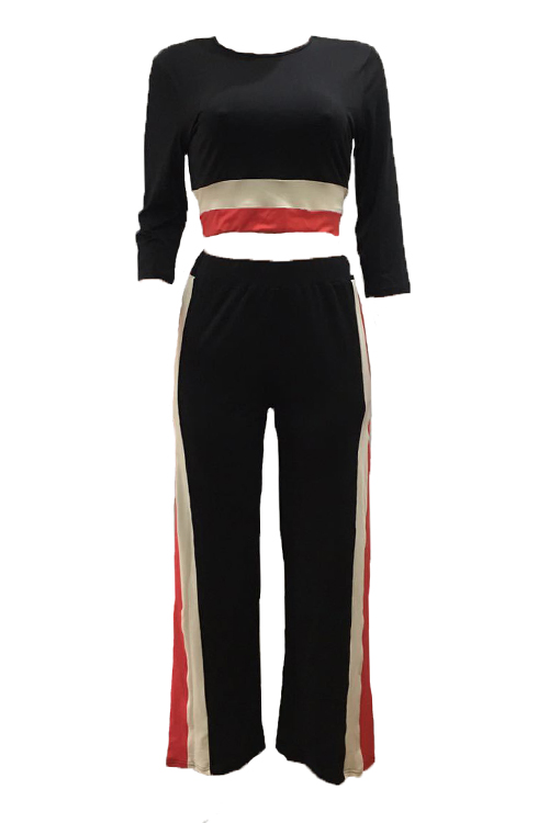  Trendy Round Neck Patchwork Black Milk Fiber Two-piece Pants Set