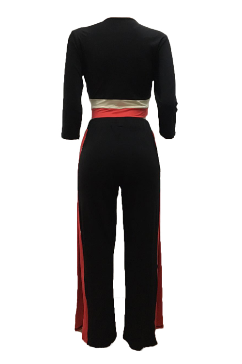  Trendy Round Neck Patchwork Black Milk Fiber Two-piece Pants Set